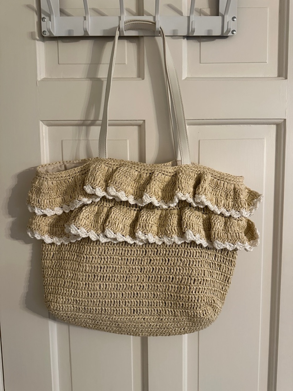 Neutral Ruffled Straw Tote Bag - Women